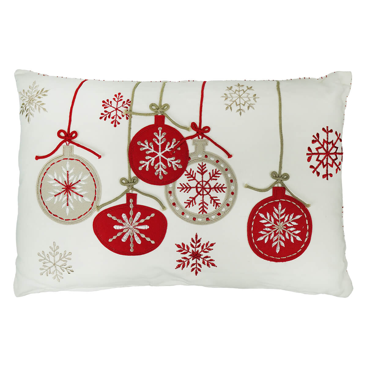 Rectangular White Pillow With Felt Ornaments & Snowflakes