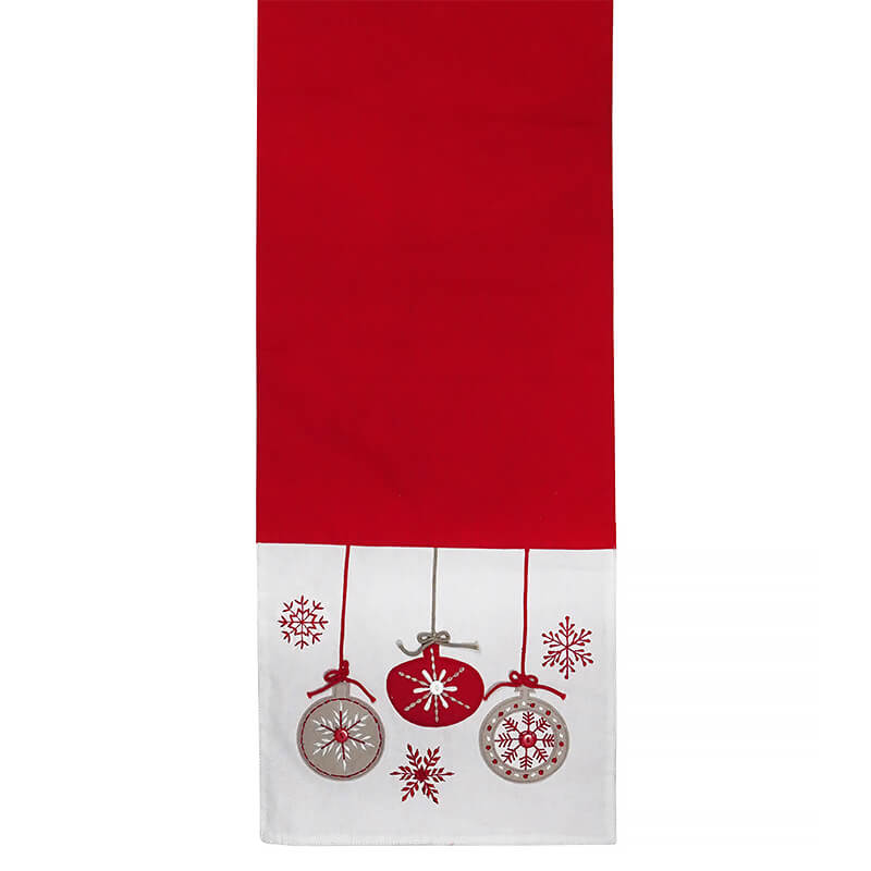 White & Red Cotton Runner With Felt Ornaments & Snowflakes