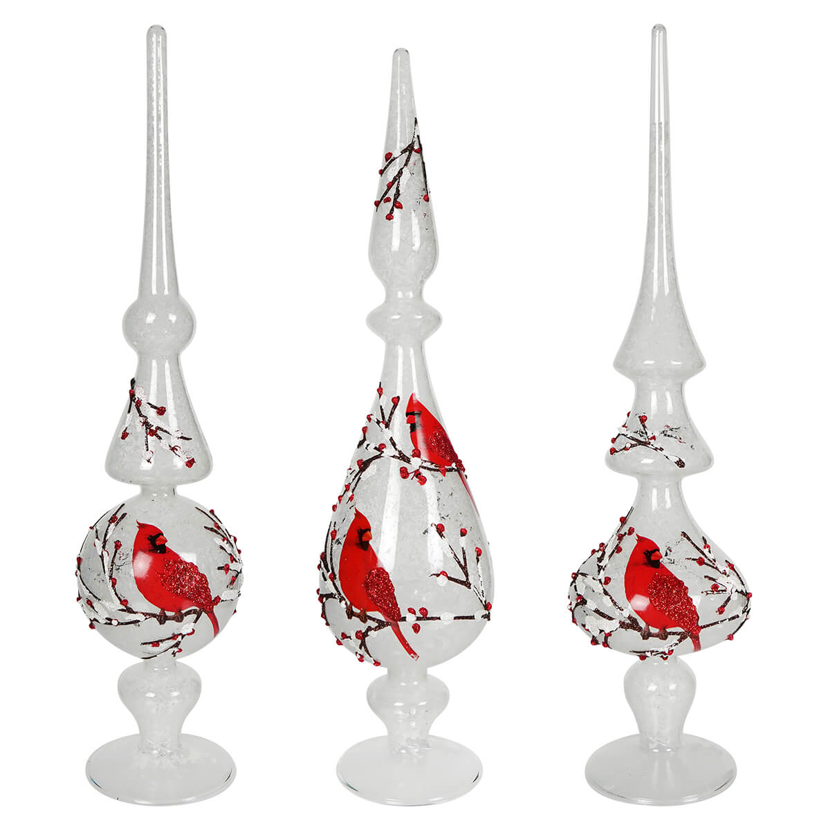Snowy Tabletop Finials With Cardinals Set/3