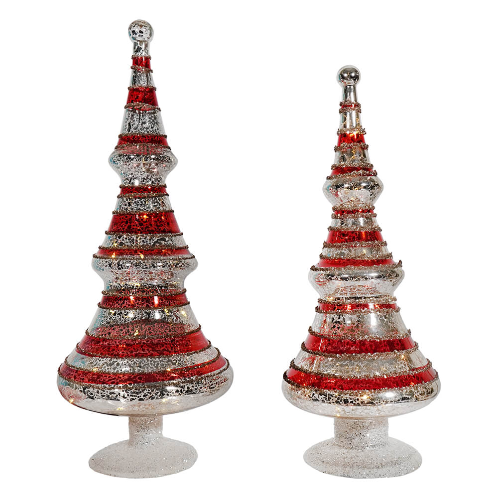 Silver Mercury Glass LED Trees With Red Glittered Stripes Set/2