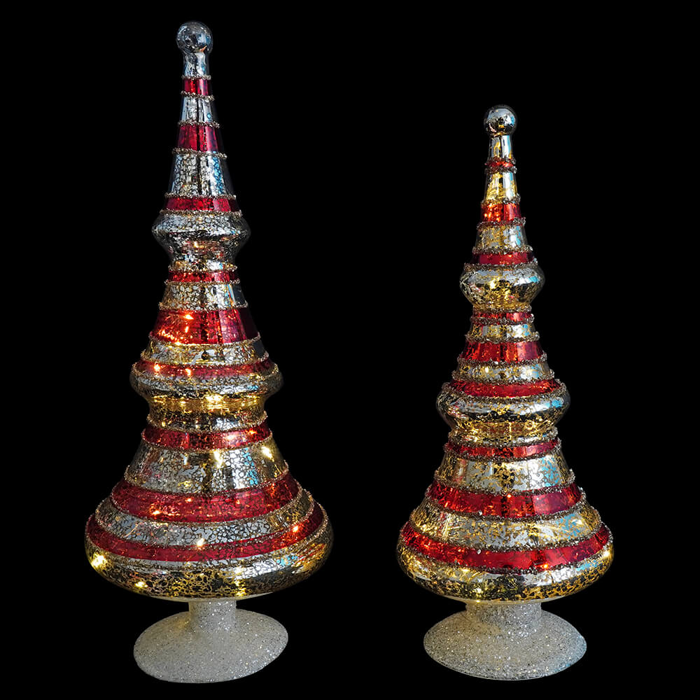 Silver Mercury Glass LED Trees With Red Glittered Stripes Set/2