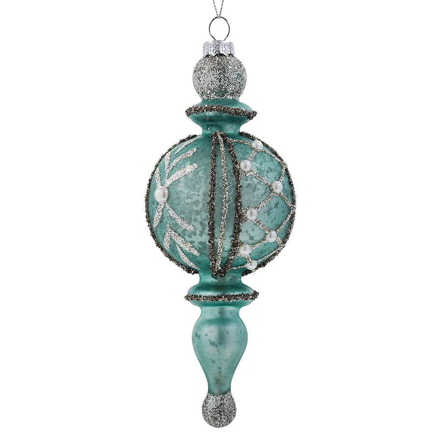 Glittered Light Blue Mercury Glass Ball Finial Ornament