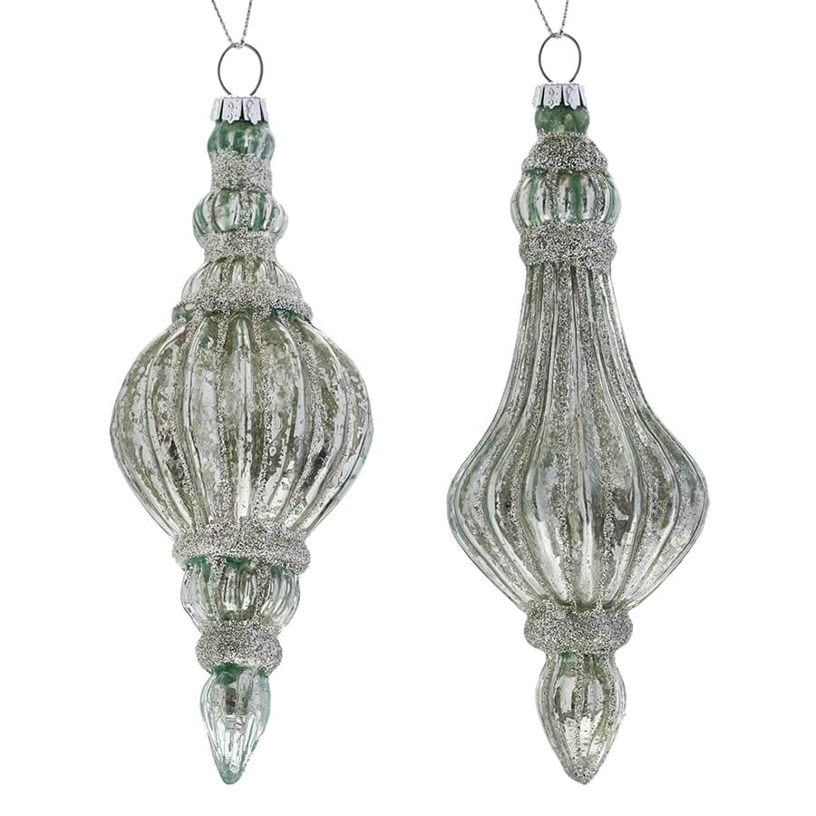 Sage Green Mercury Glass Ribbed Finial Ornaments Set/2