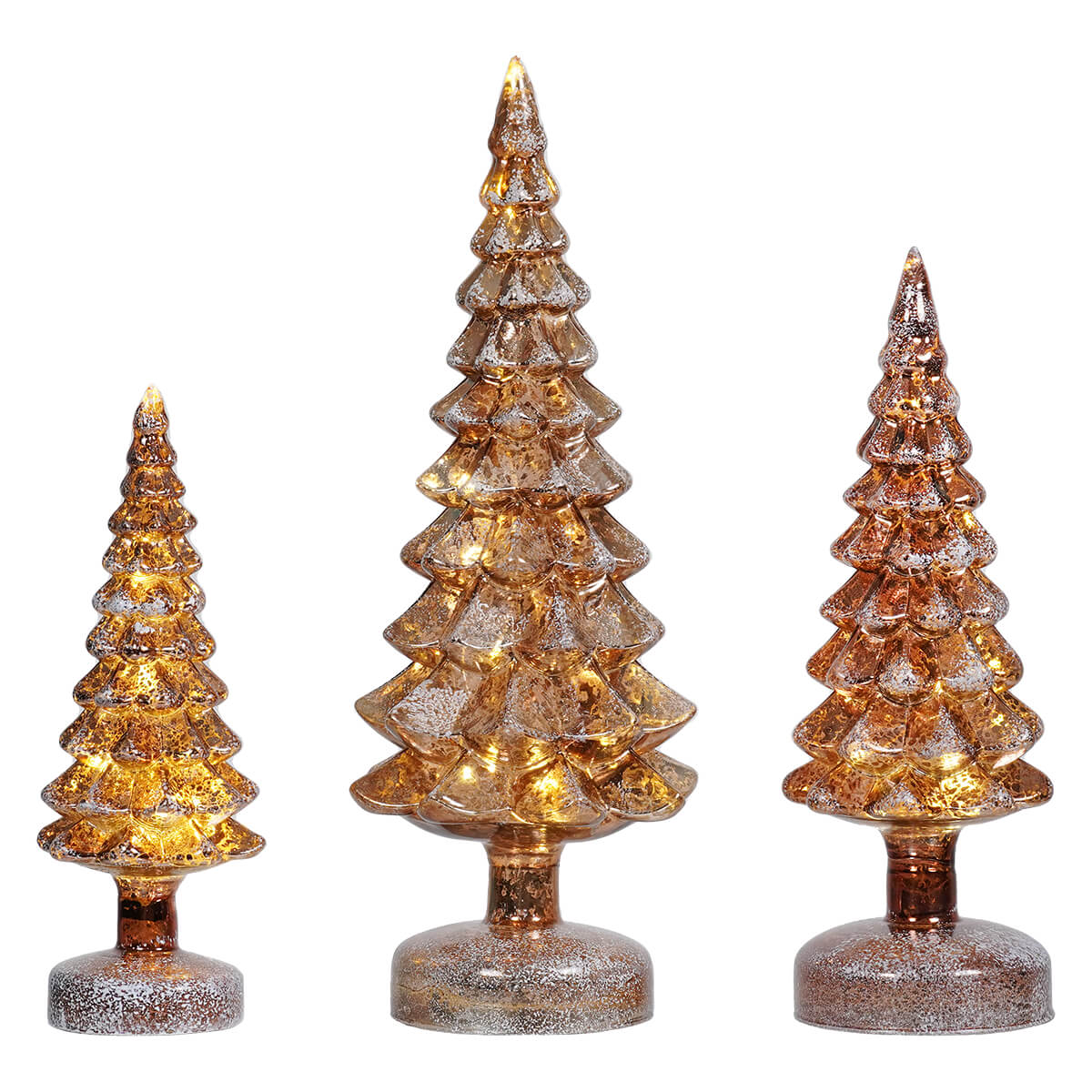 Frosted Copper LED Mercury Glass Trees On Pedestals Set/3