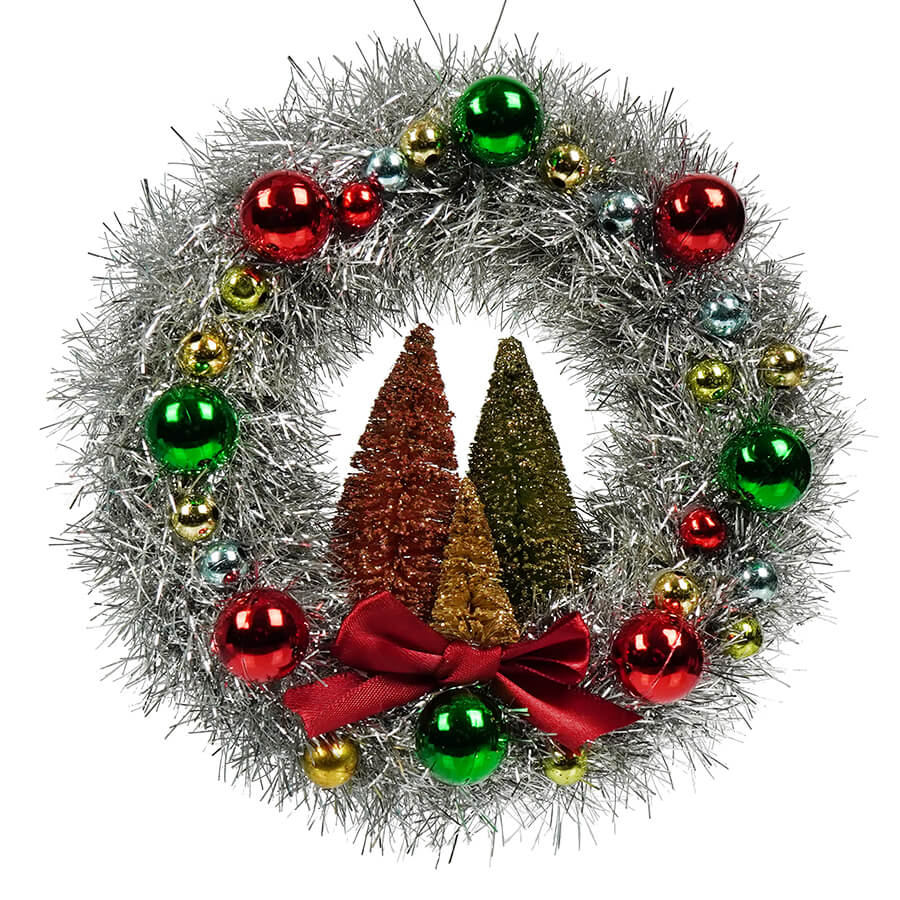 Merry & Bright Tinsel Wreath with Bottle Brush Trees