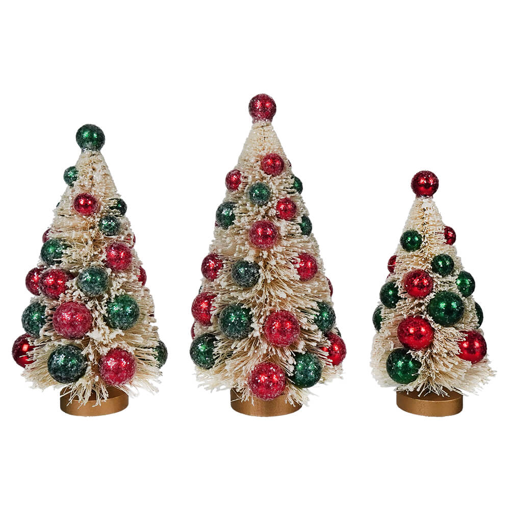 White Bottle Brush Trees with Red & Green Beads Set/3