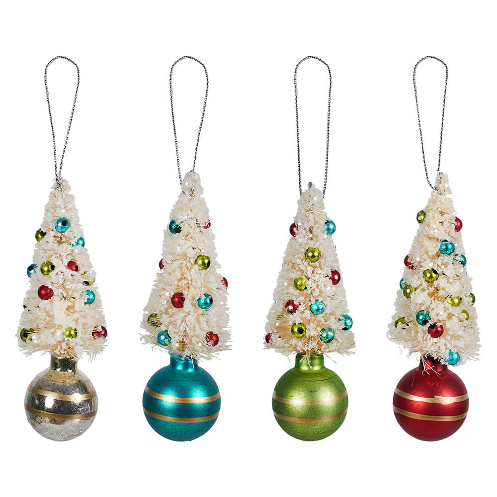 Retro Bottle Brush and Baubles Ornaments Set/4