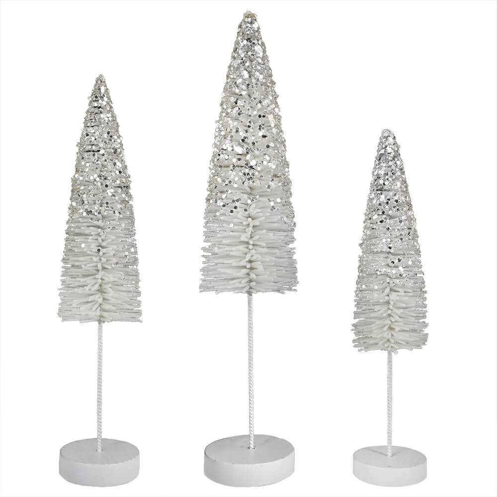 Platinum Glitter Flocked Bottle Brush Trees Set/3