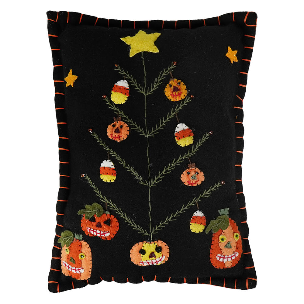 Halloween Tree Decorated With Candy Corn & Pumpkins Pillow