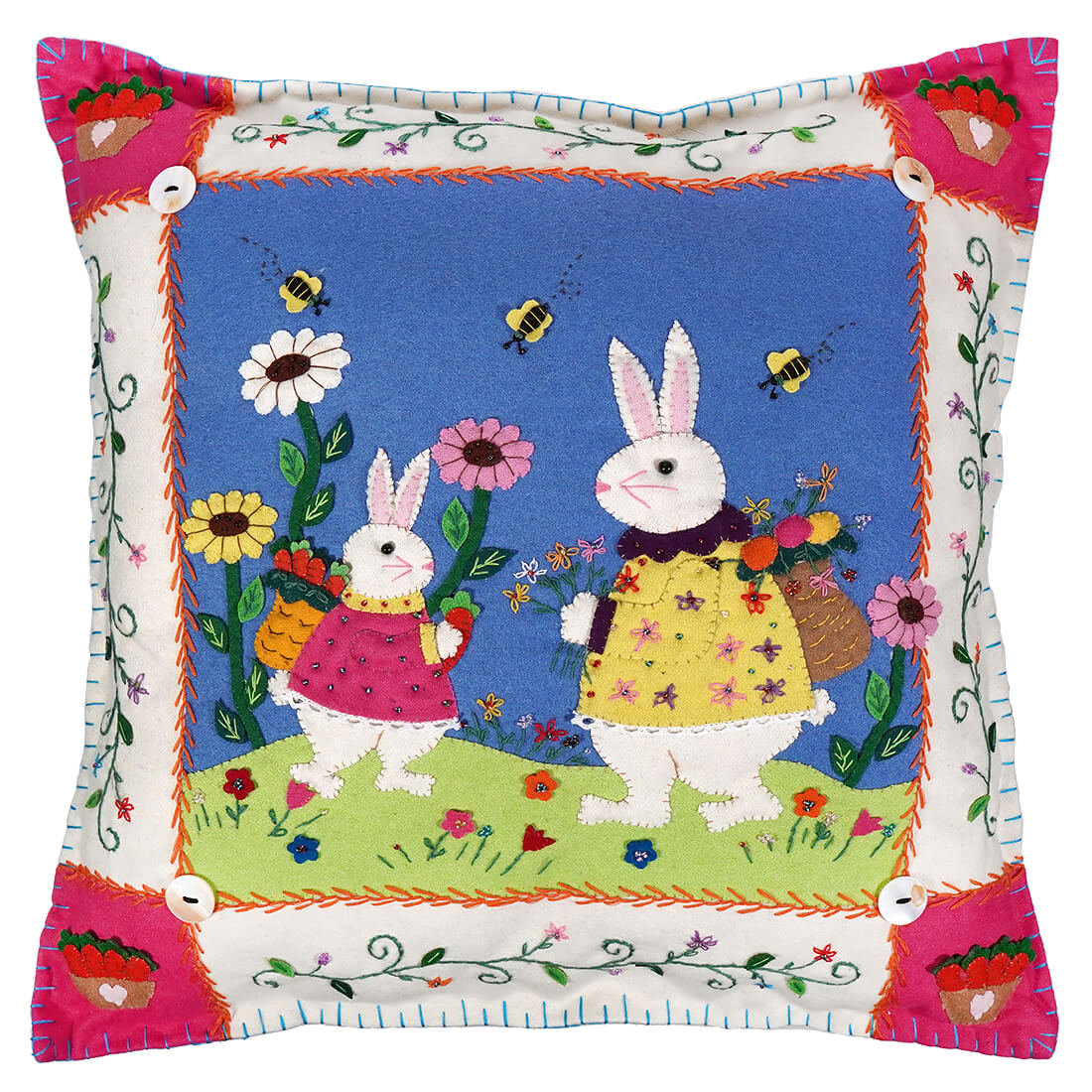 White-Edged Blue Pillow With Rabbits