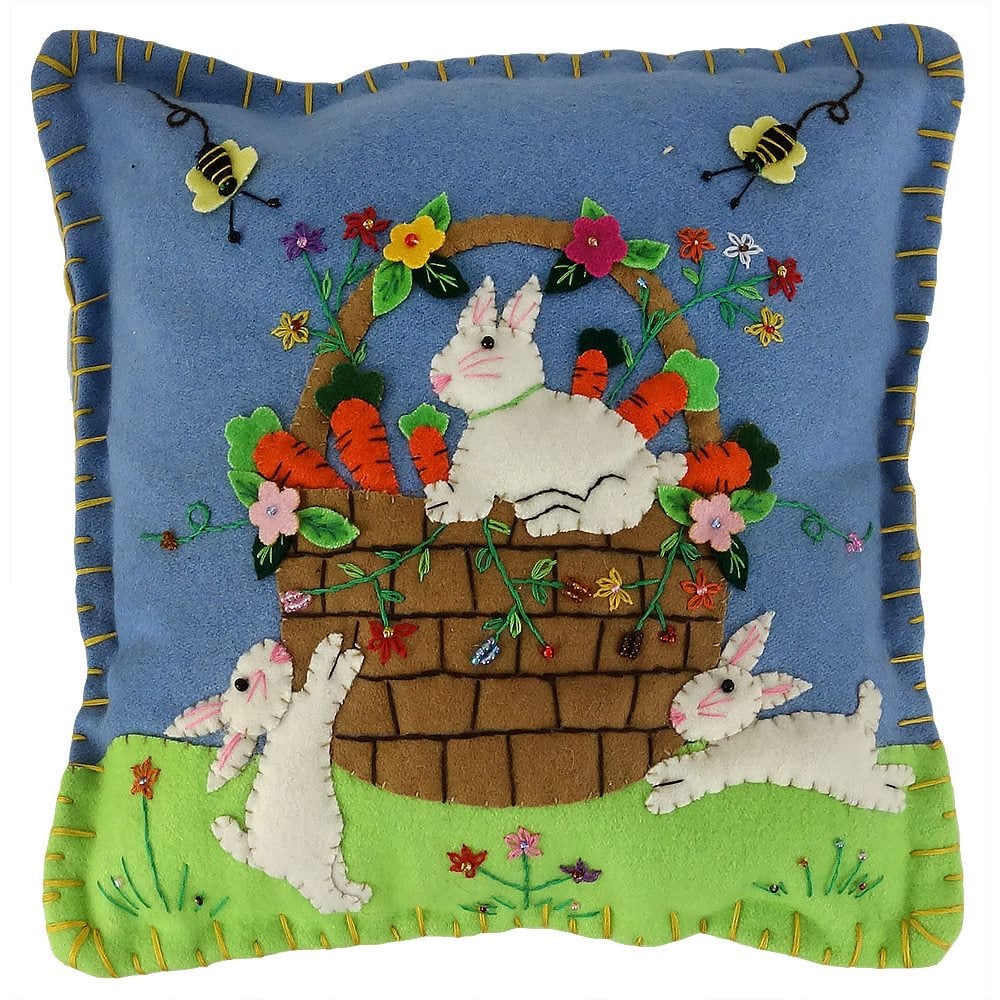 Bunnies With Basket of Carrots Pillow