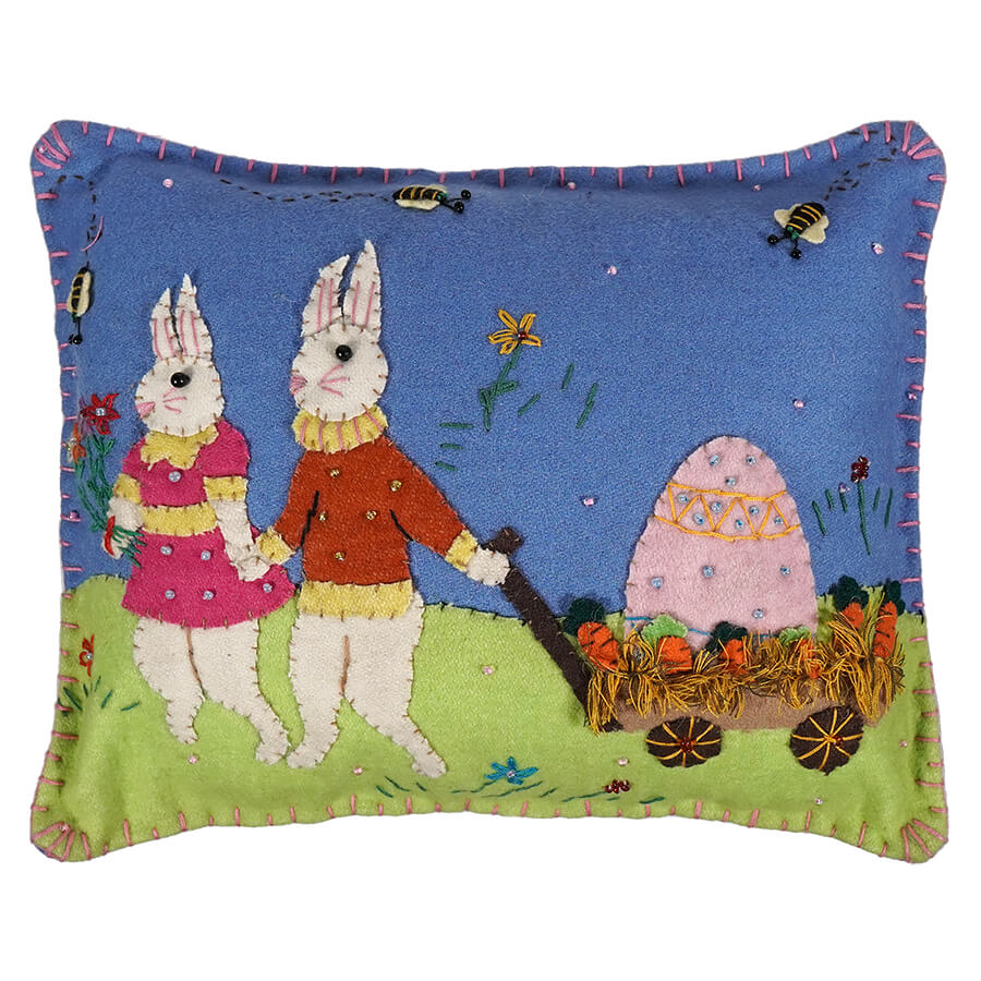 Blue Pillow With Rabbits Trailed Off By Egg