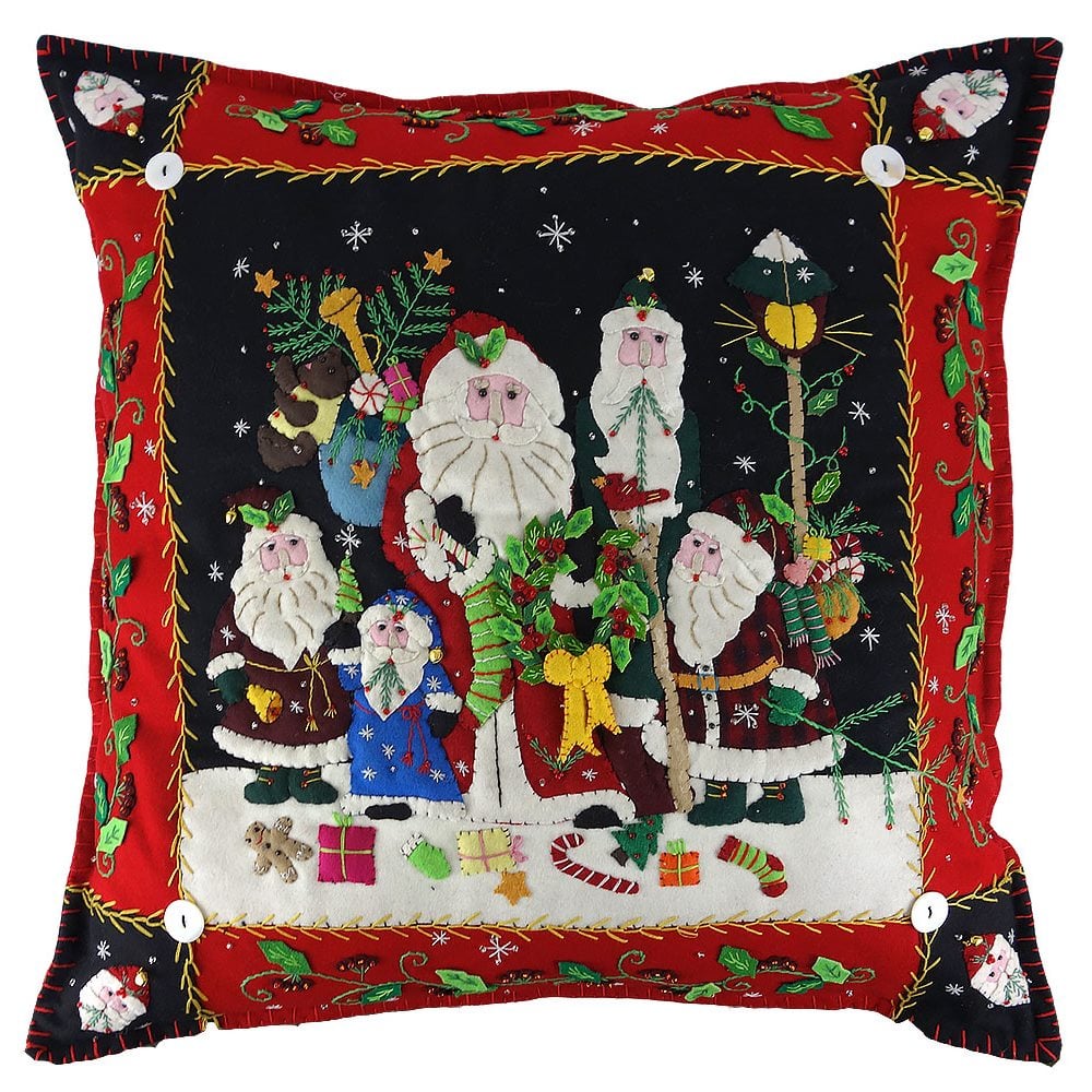 Five Santas With Holly Rim Pillow