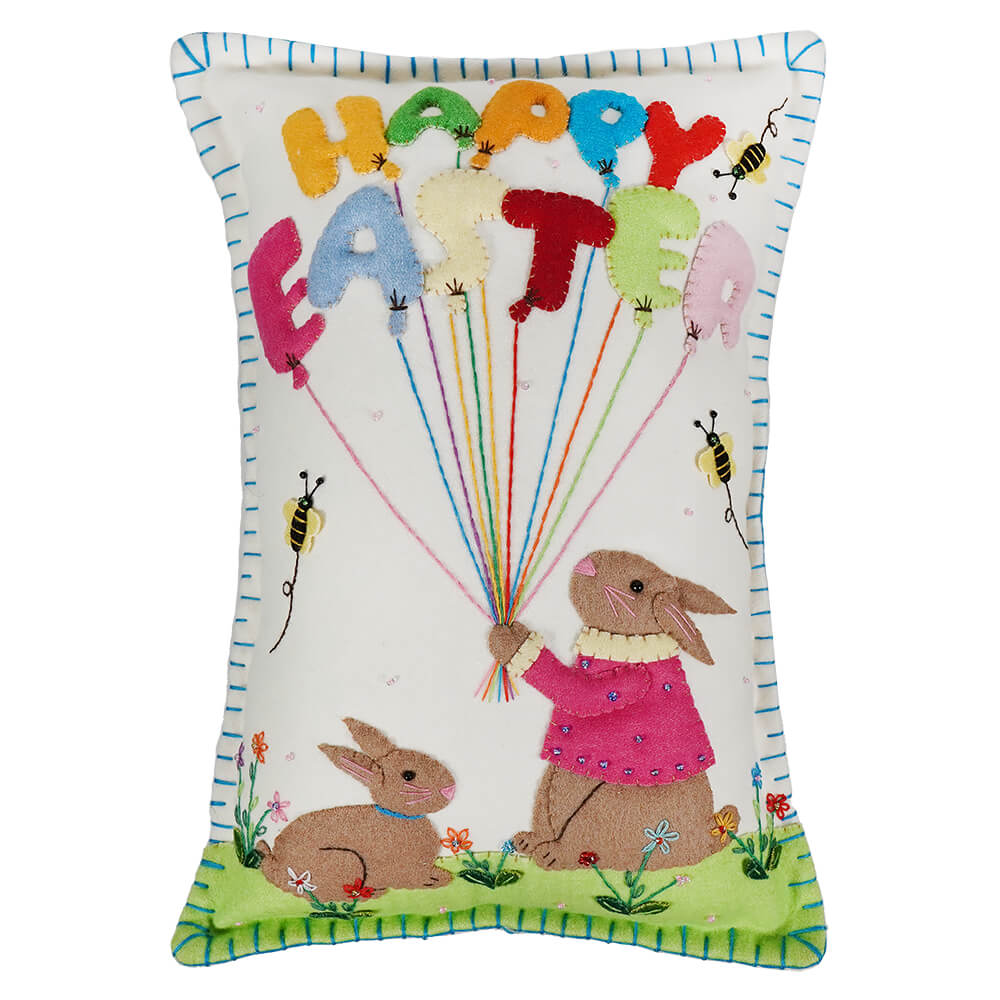 White Pillow With Rabbits Holding Happy Easter Balloon