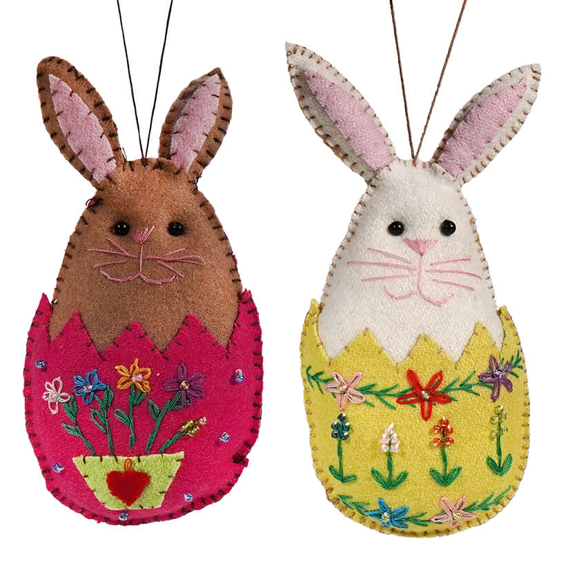 White & Brown Rabbits In Egg Shells Ornaments Set/2