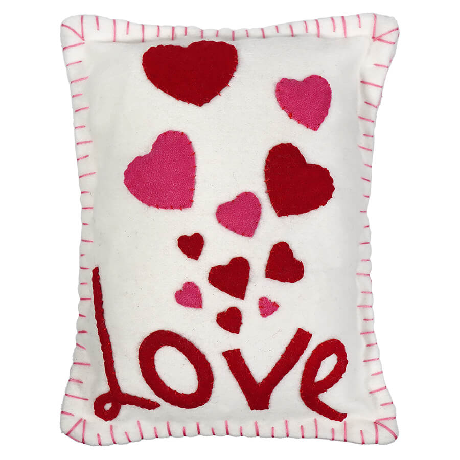 White "Love" Pillow With Red Hearts