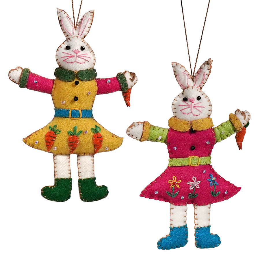 White Rabbits In Yellow & Pink Dresses Ornaments Set/2