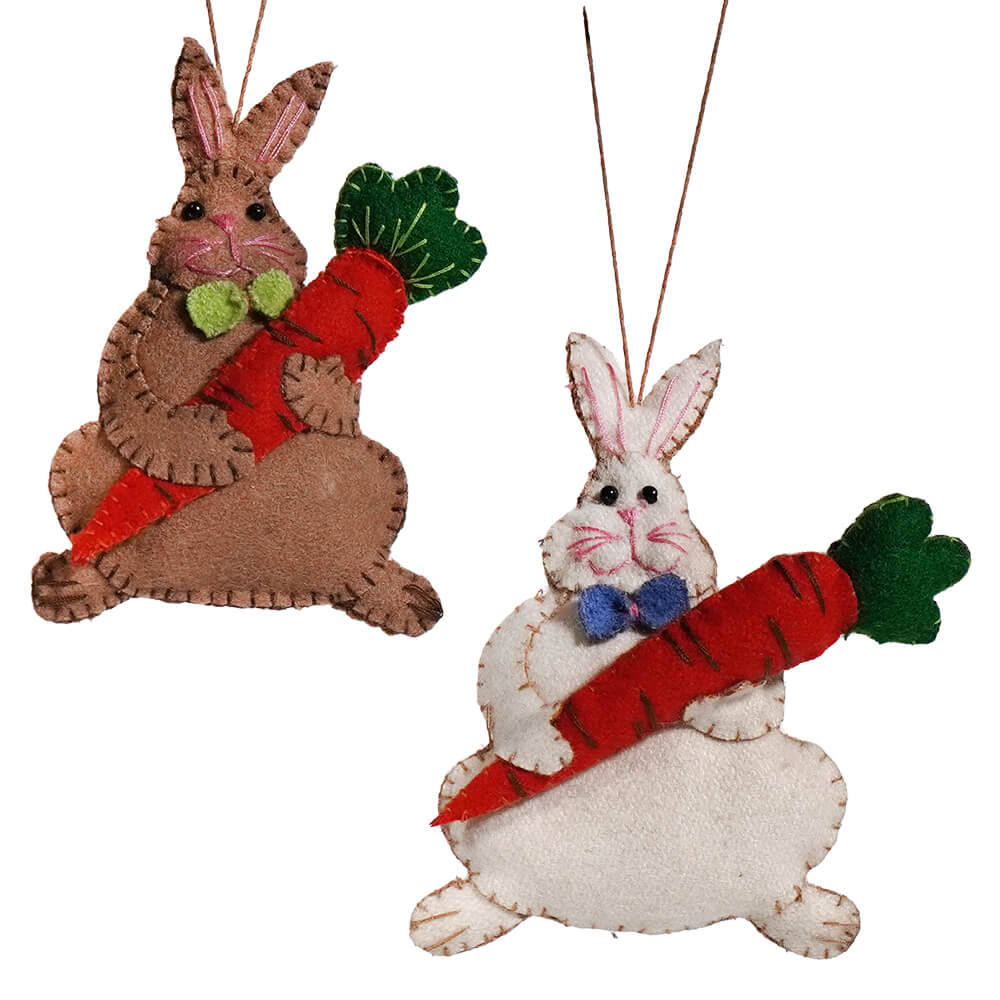 White & Brown Rabbits Holding Carrot Ornaments Set/2