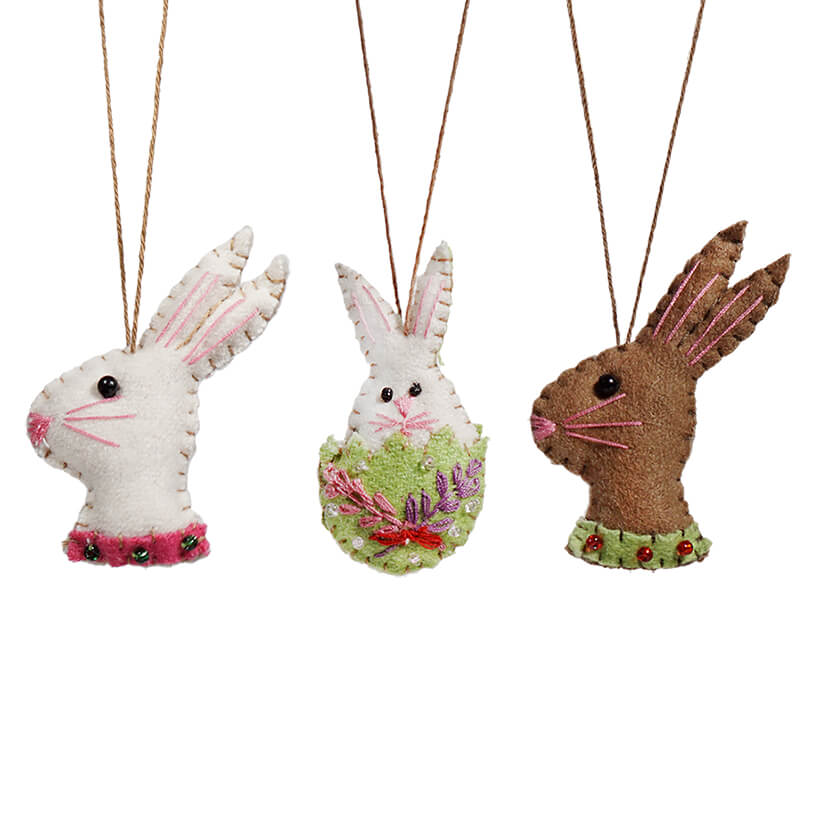 White & Brown Rabbit Heads & White Rabbit In Green Shell Ornaments Set/3