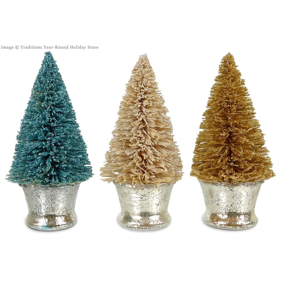 Glittered Trees In Mercury Glass Cups Set/3