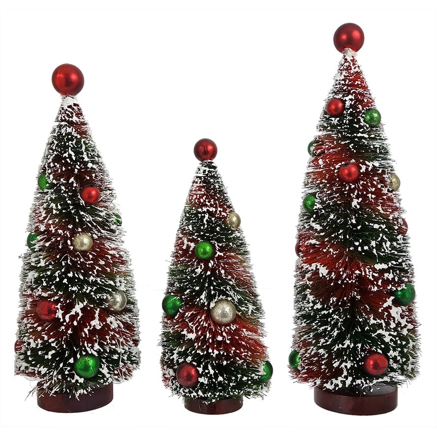 Primitive Bottle Brush Trees with Silver, Red & Green Balls Set/3