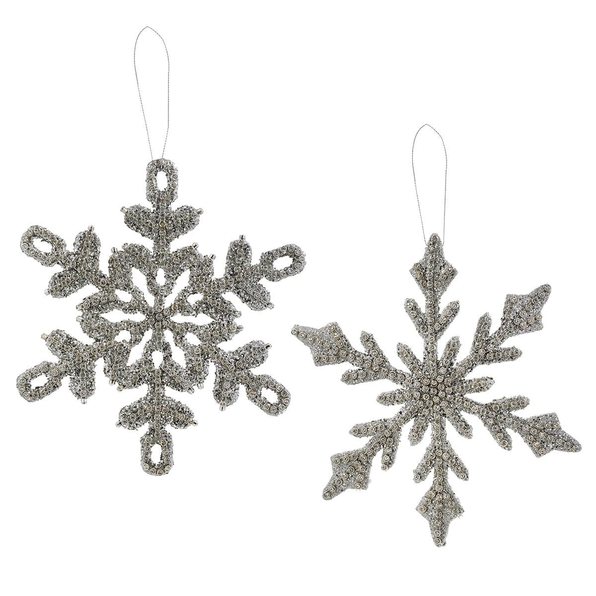 Silver Beaded & Jeweled Snowflake Ornaments Set/2