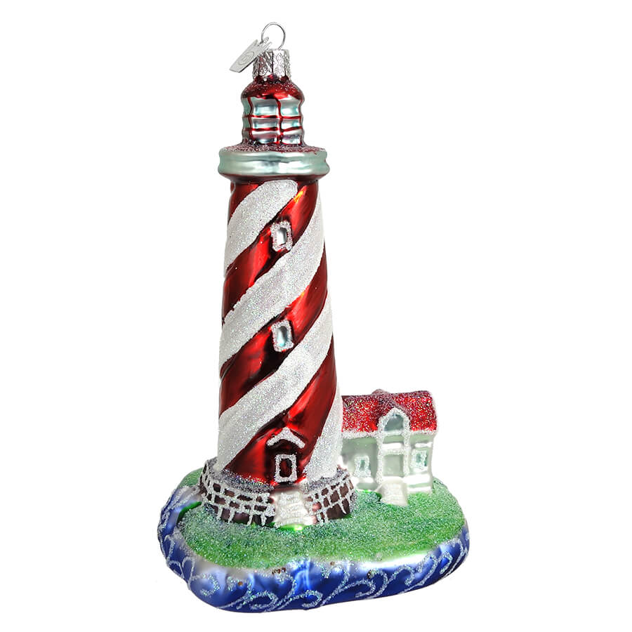 Red & White Glass Lighthouse Ornament