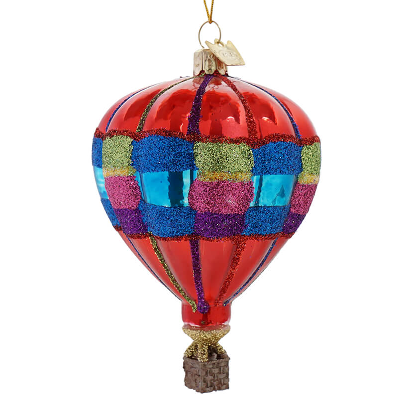 Noble Gems Checkered Hot Air Balloon Glass Ornament