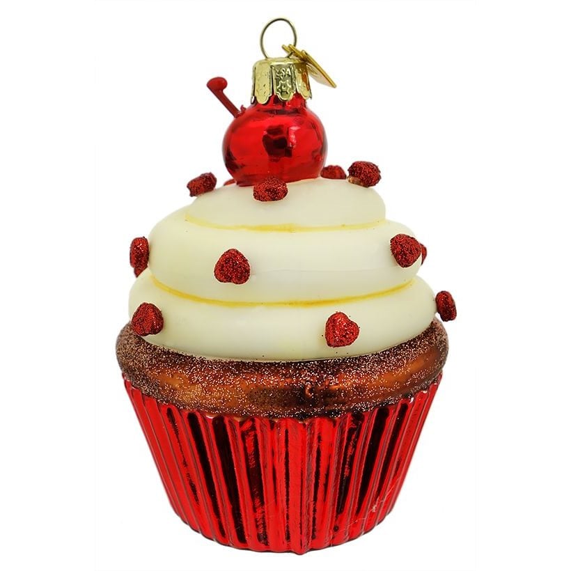 White Cupcake with Red Hearts Ornament