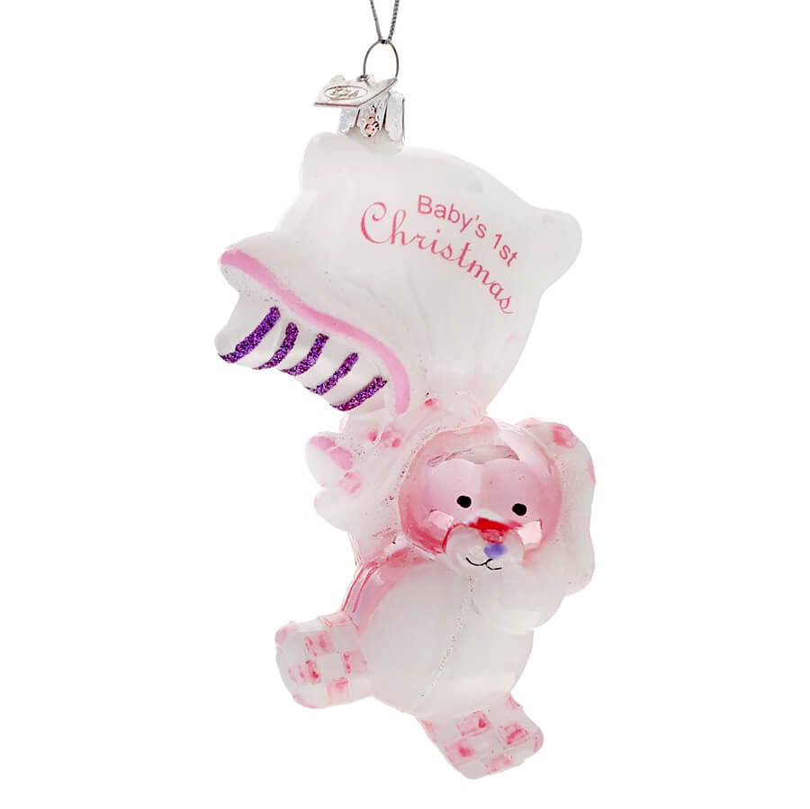 Pink Glass Baby's 1st Rabbit With Pillow Ornament