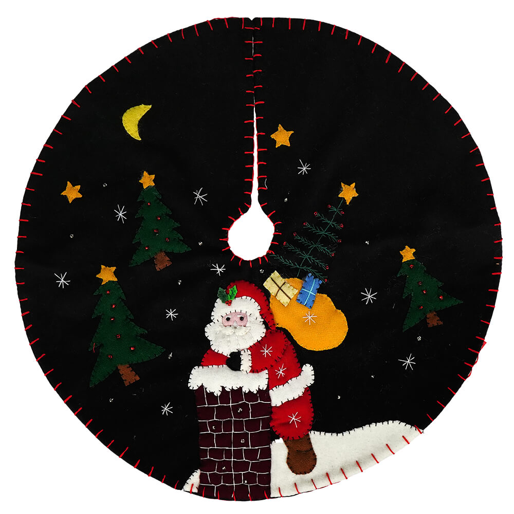 Black Tree Skirt With Santa Entering Chimney