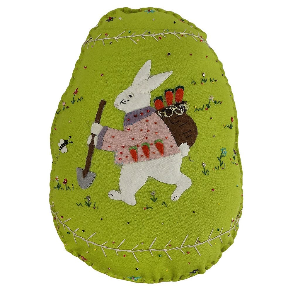 Gardener Bunny On Green Egg Pillow