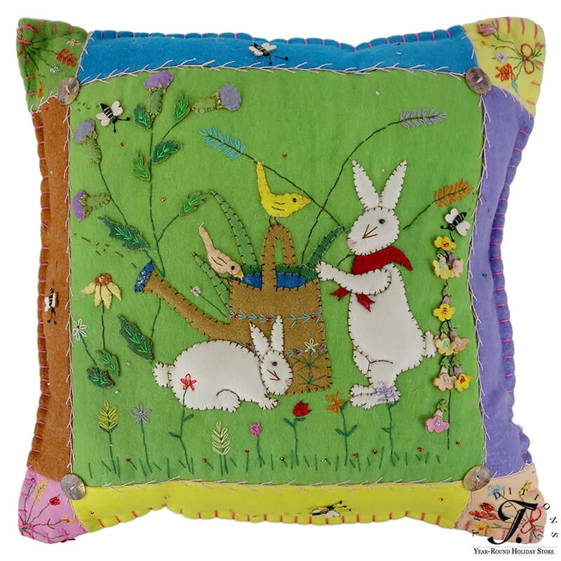 Two Bunnies With Watering Can Pillow