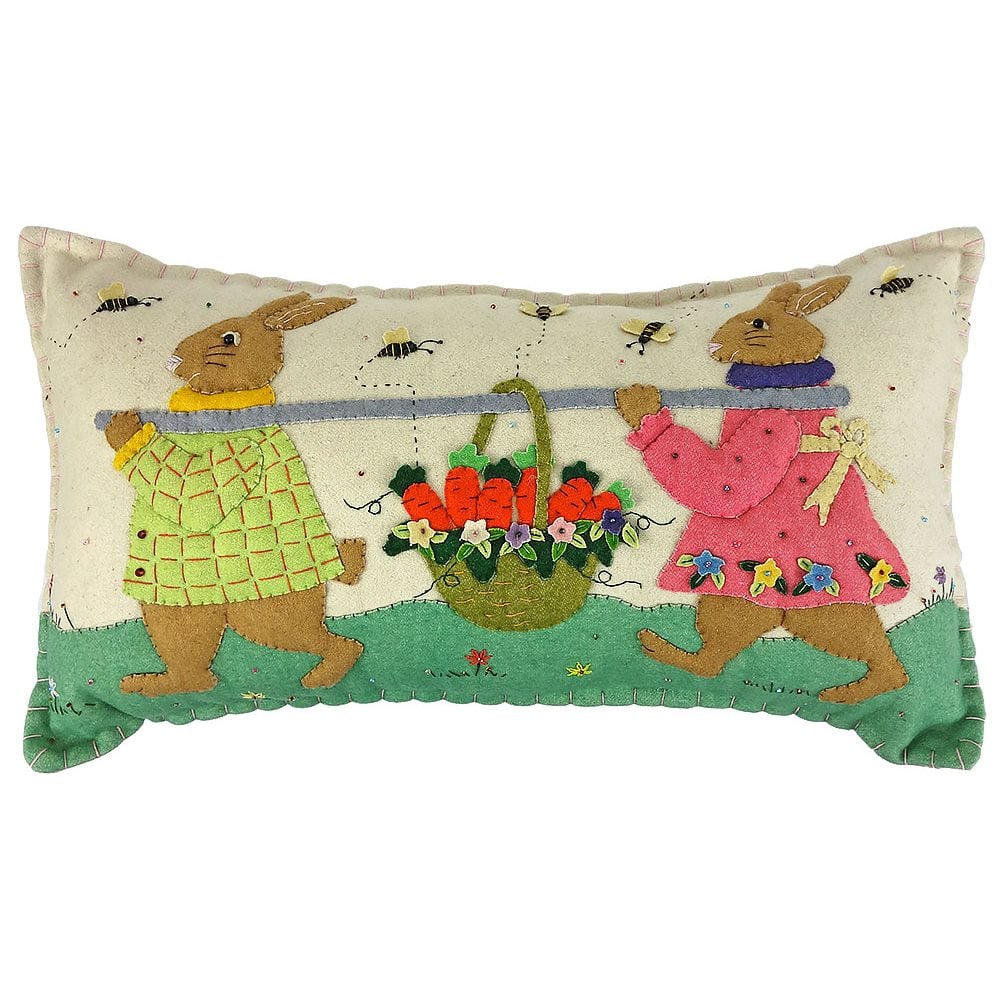 Two Bunnies With Carrot Basket Pillow