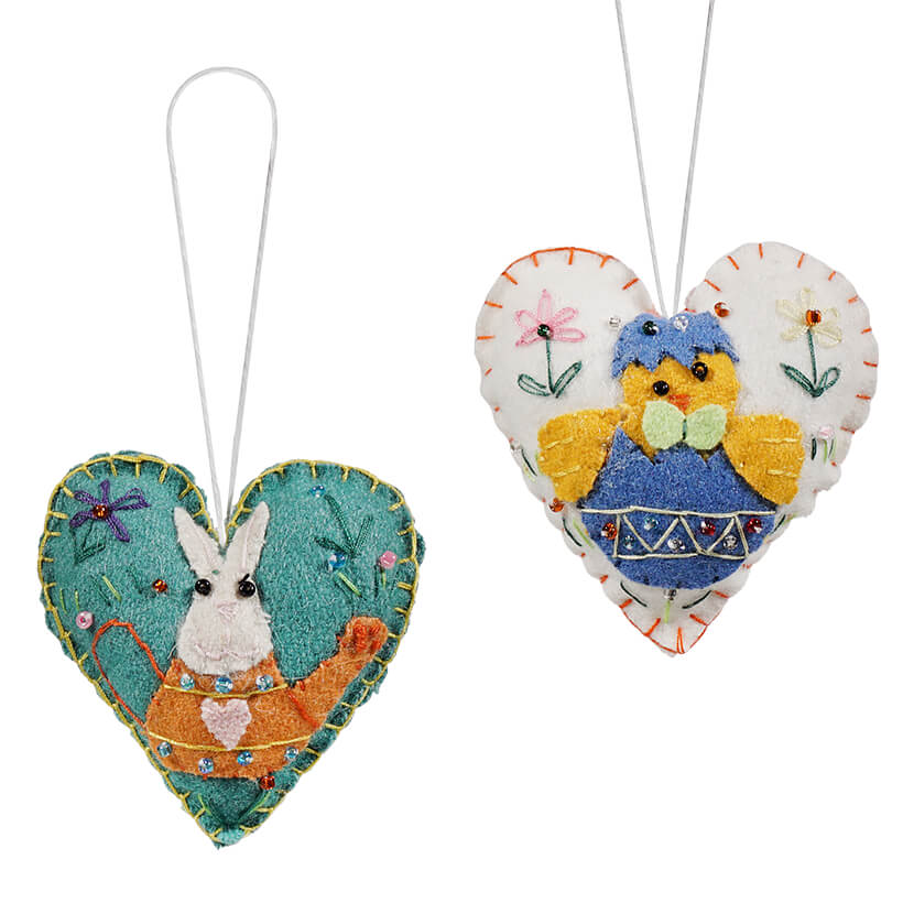 Bunny & Chick Heart Felt Ornaments Set/2