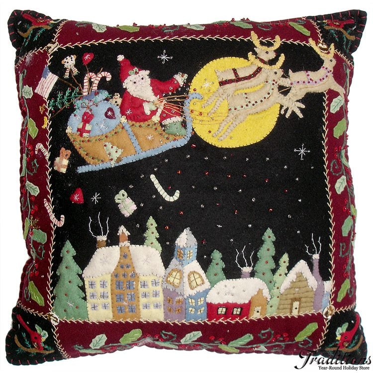 Large Santa Flying Over Rooftops Pillow