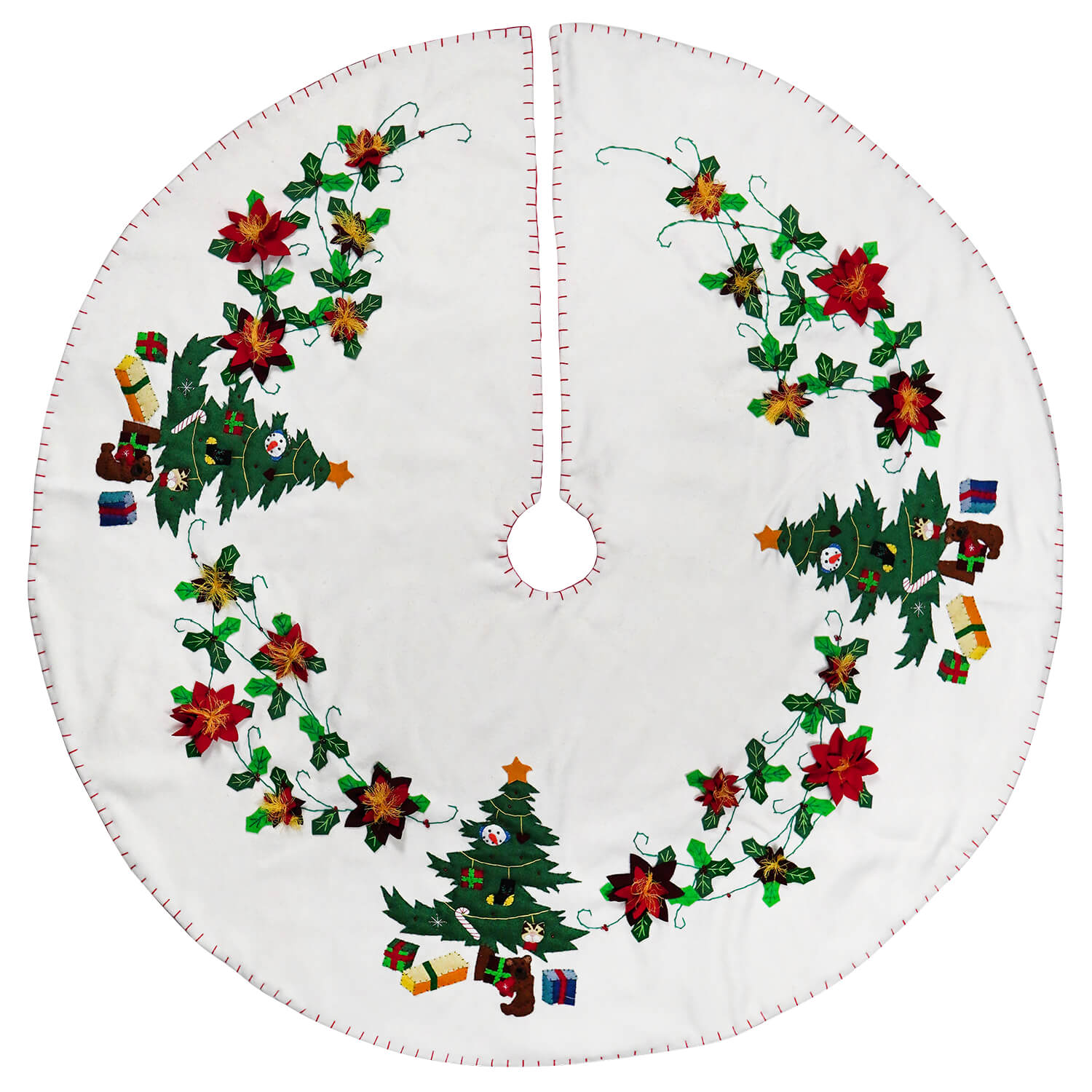 White Tree Skirt With Christmas Trees & Presents