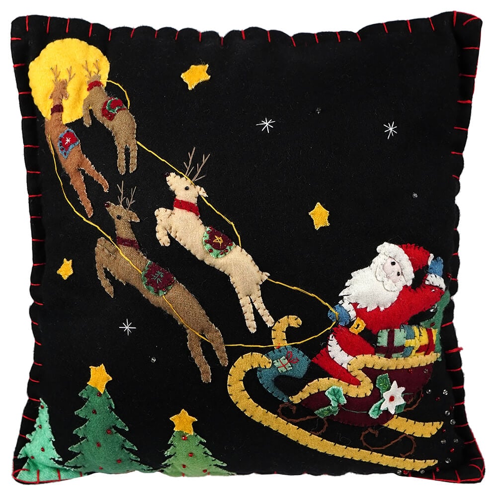 Santa Flying With Reindeer Pillow