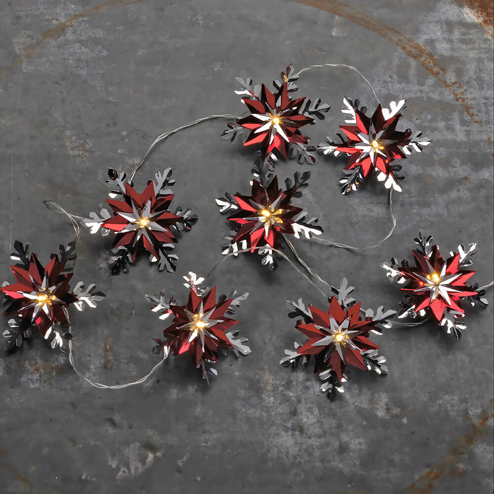 Red & Silver Snowflake String Lights