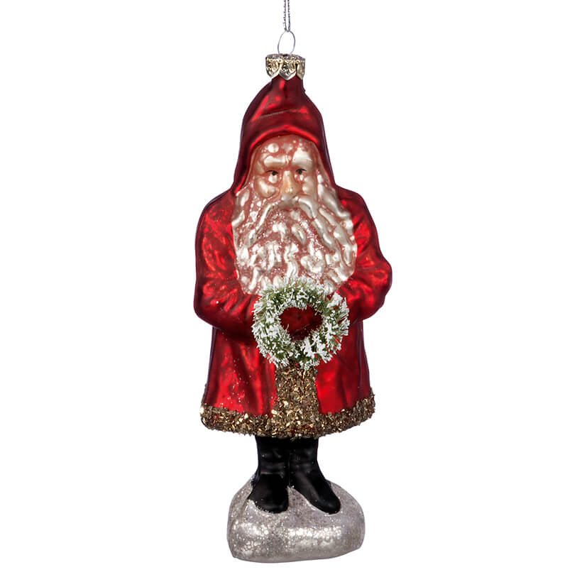 Glass Santa With Wreath Ornament