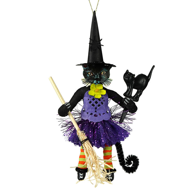 Halloween Black Cat Witch In Purple Ornament
