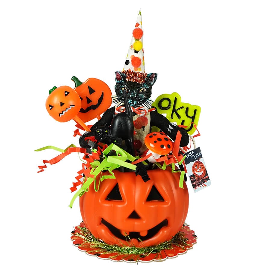 Halloween Black Cat In Jack-o-Lantern Pumpkin Bucket