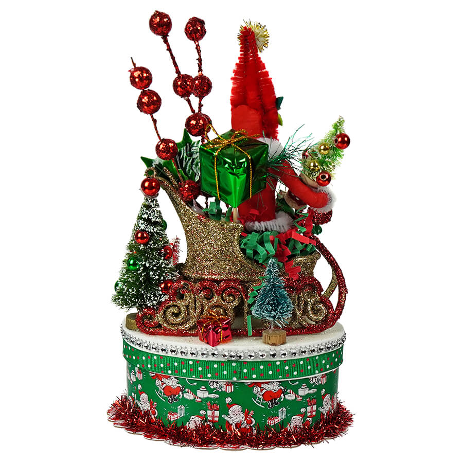 Green & Red Retro Traditional Santa In Sleigh Box