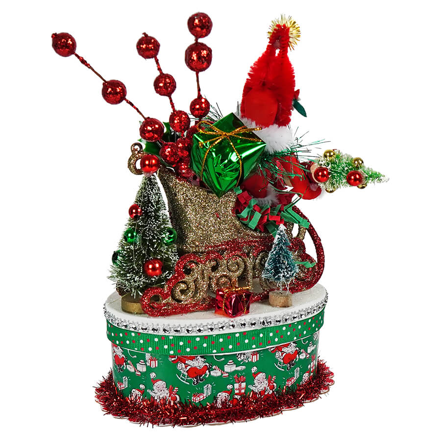 Red & Green Retro Traditional Santa In Sleigh Box