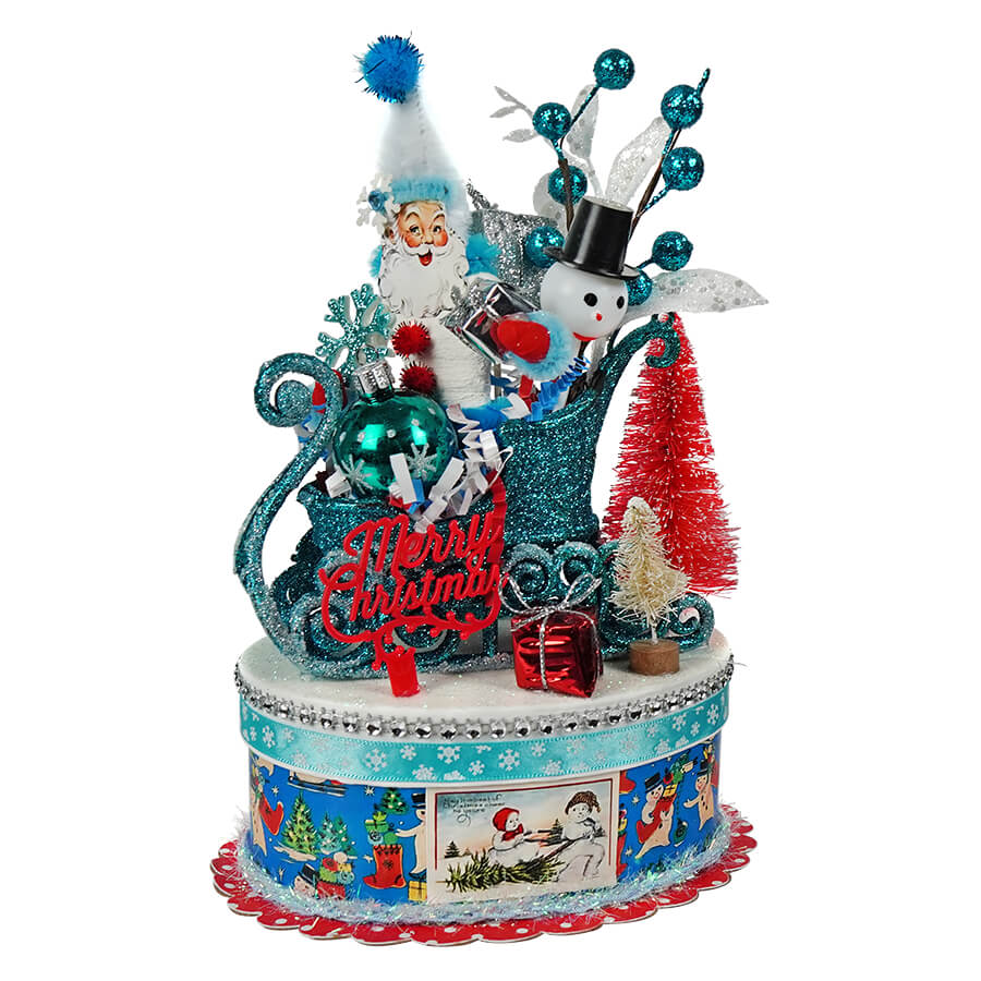 Blue Retro Snowman & Santa In Sleigh Box