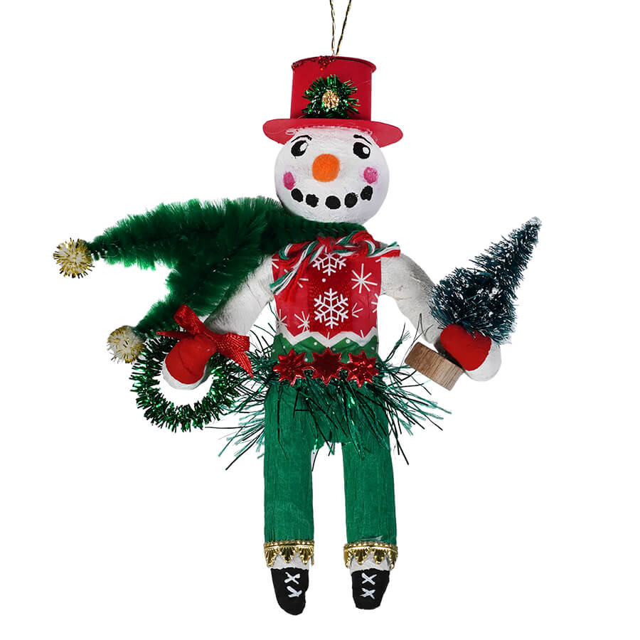Festive Red & Green Spun Cotton Snowman Ornament