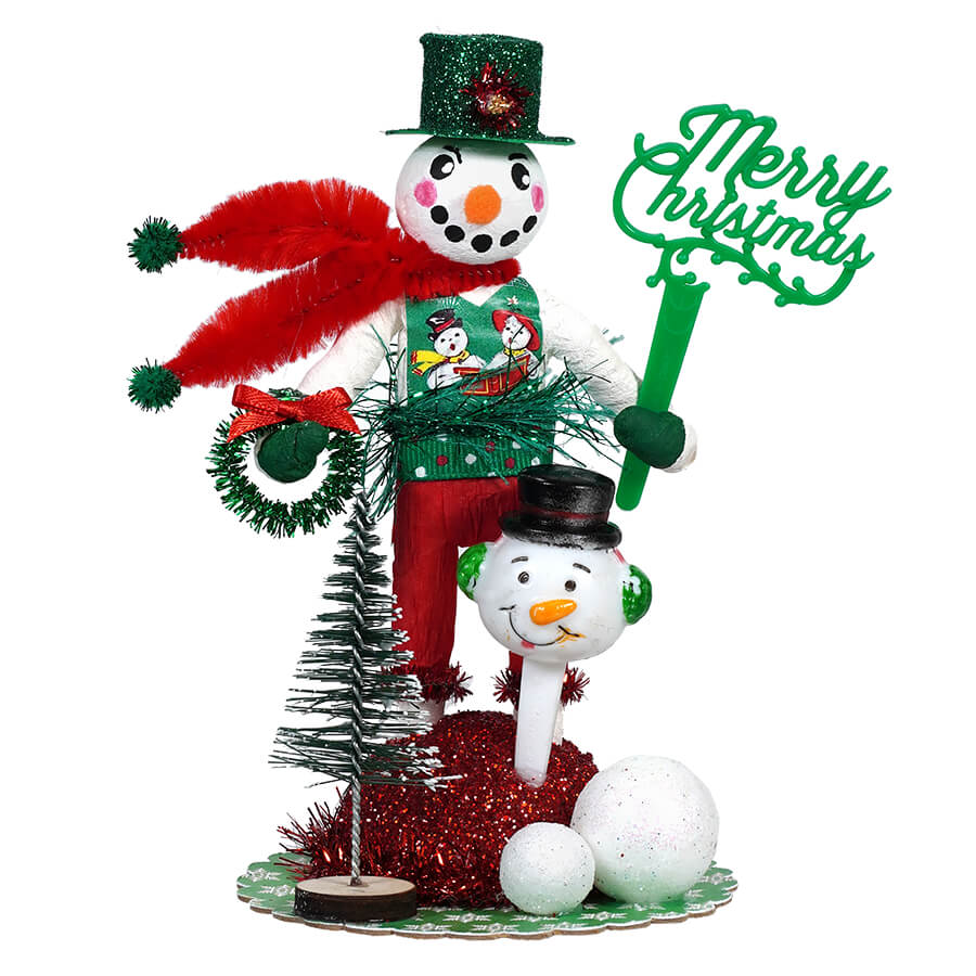 Festive Red & Green Spun Cotton Snowman Vignette