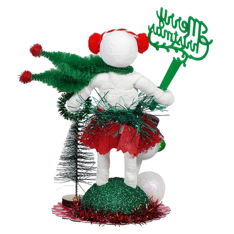 Festive Red & Green Spun Cotton Snow Woman Vignette