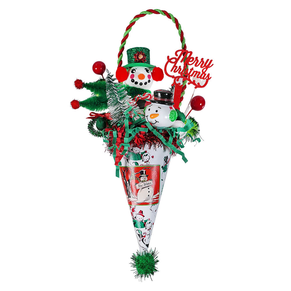 Festive Red & Green Spun Cotton Snowman Cone Ornament