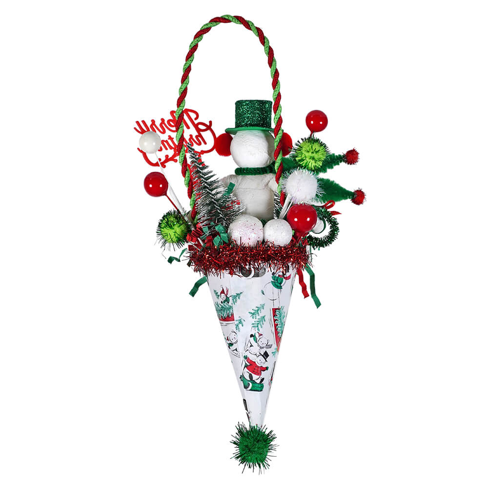 Festive Red & Green Spun Cotton Snowman Cone Ornament